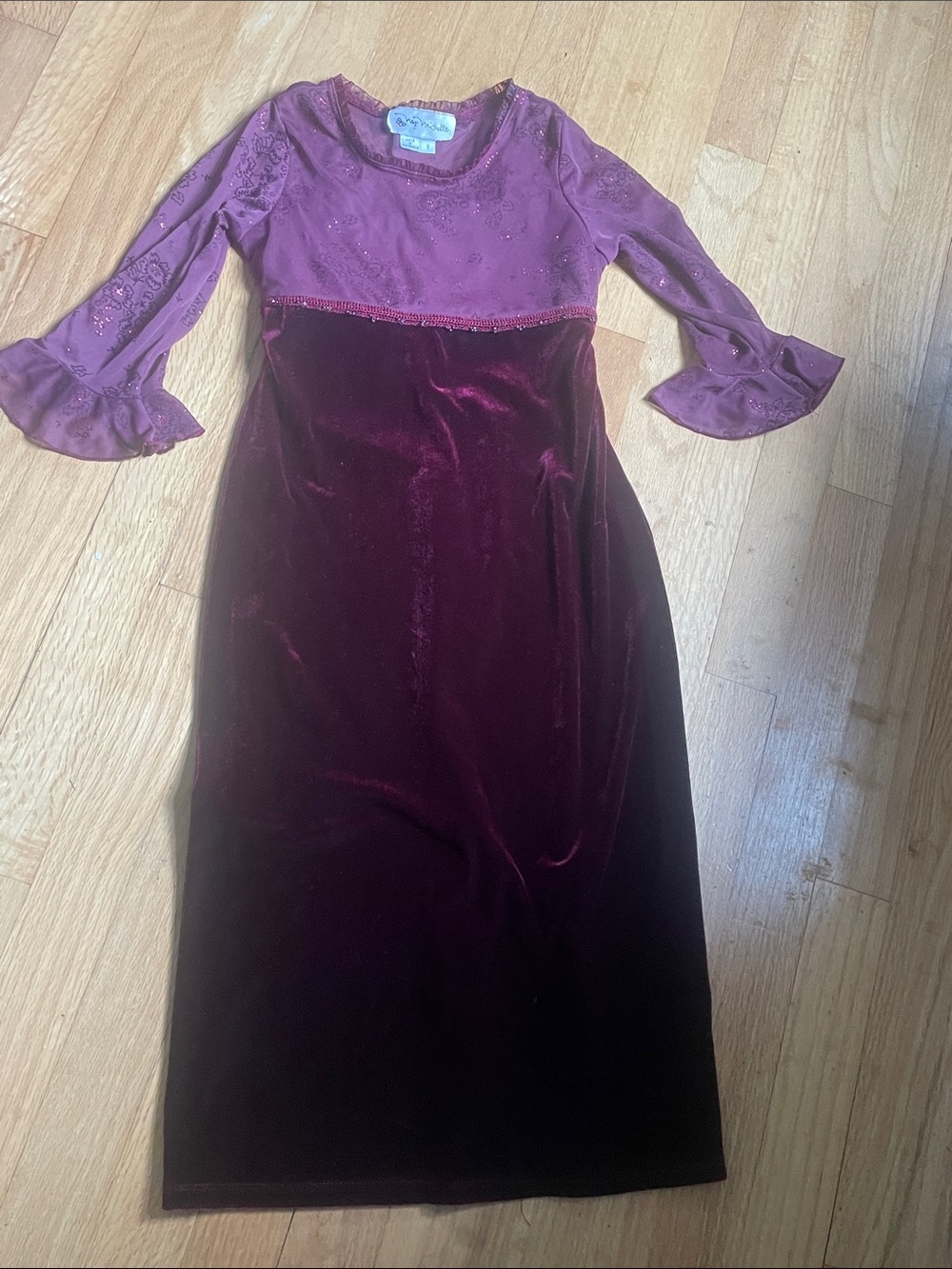 Girls' Burgundy Velvet Lace Long Dress 7